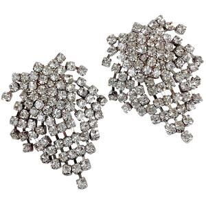 Signed KJL Kenneth Jay Lane Rhinestone Waterfall Silver Tone Clip On Earrings